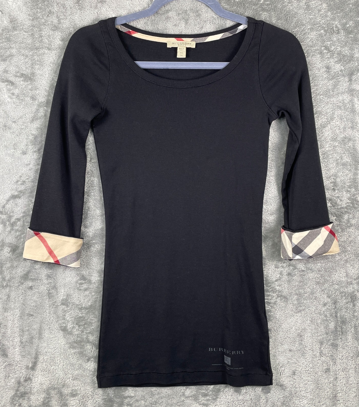 Burberry Brit Shirt Women’s XS Black Scoop Neck 3/4 Sleeve Preppy Top Nova Check