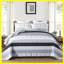 Striped Quilt King Size, Boho Patchwork Bedding Set 3 Pieces, Grey