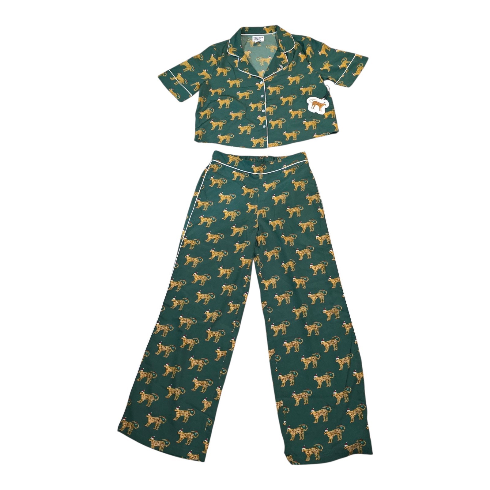 Green Satin Cheetah Pajama Set with Bouffants Print - Christmas Small Wide Leg Loungewear