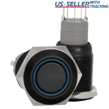 16mm 12V LED Momentary Push Button Black Metal Power Switch, Blue