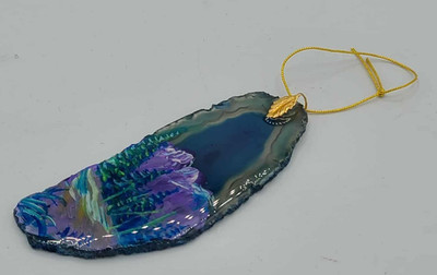 Hand-painted Signed Agate Slice Ornament/Souvenir Landscape Scene Estes Park, CO