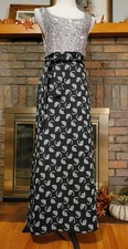 Vintage 60s 70s long Maxi skirt, Silver metallic on Black, Poly, waist 30"