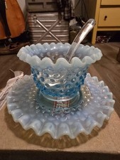 Vintage Fenton Mayonnaise Dish, Blue Opalescent Hobnail 3-Pc. Excellent