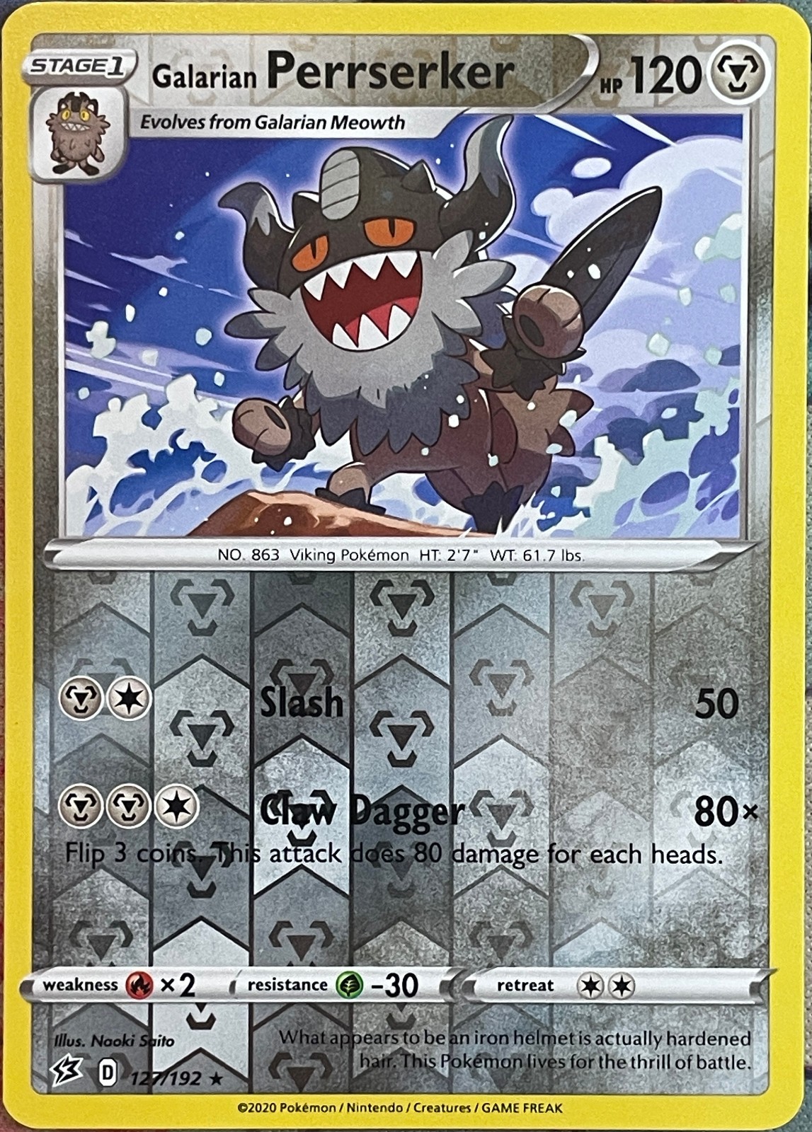 Galarian Perrserker Reverse Holo Rare - 127/192 - Rebel Clash Pokemon 2020