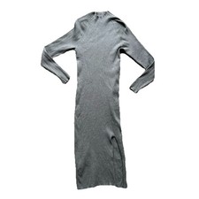 Quince Eco Knit Ribbed Mock Neck Sweater Midi Dress Fitted Front Slit Gray Large