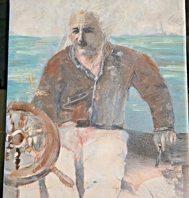 Oil on Canvas Portrait of Albert Einstein at the Helm Sailing Signed 12 x 14