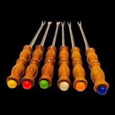 6 Vintage MCM Fondue Sticks Forks Japan Teak Wood Stainless Steel Color Coded