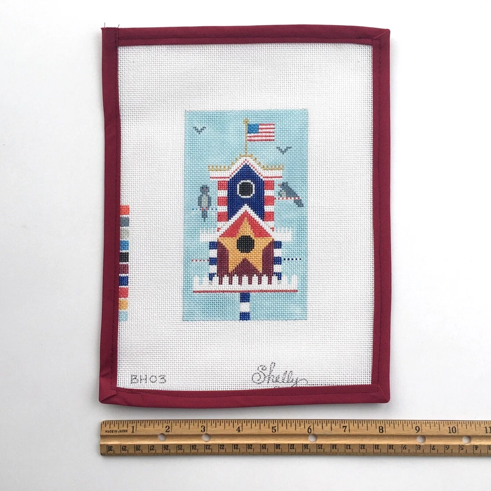 SHELLY TRIBBEY Handpainted Needlepoint Canvas Birdhouse Patriotic Flag 18 Mesh - Image 4 of 4