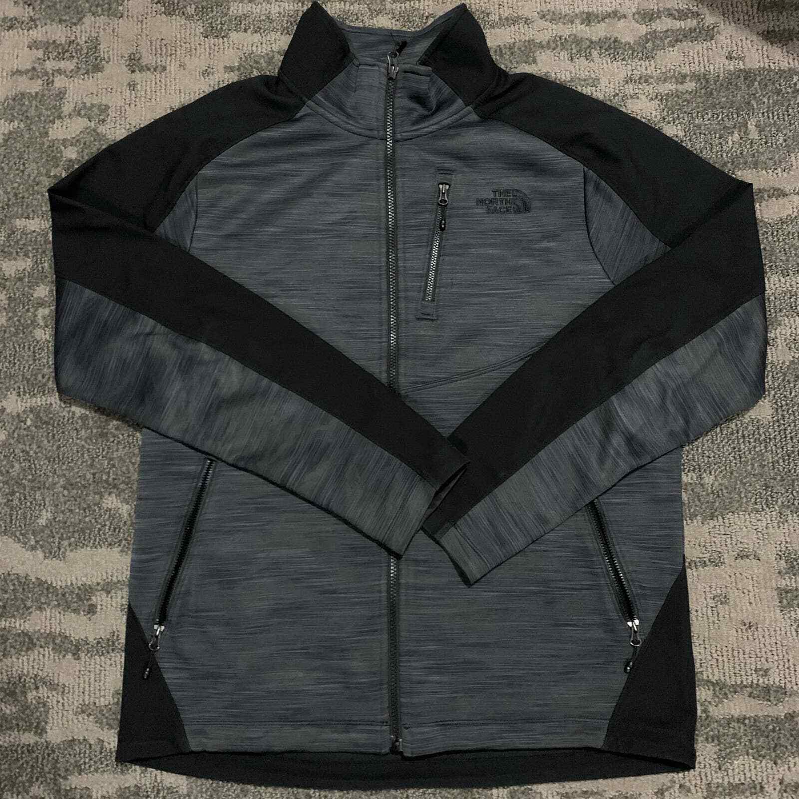 The North Face Black Gray Zip Up Jacket Mock Neck Multiple Zip Pockets Polyester