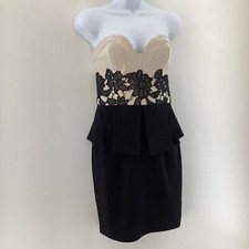 Lipsy Beige Black Strapless Evening Dress Size 12 Floral Lace Detail 