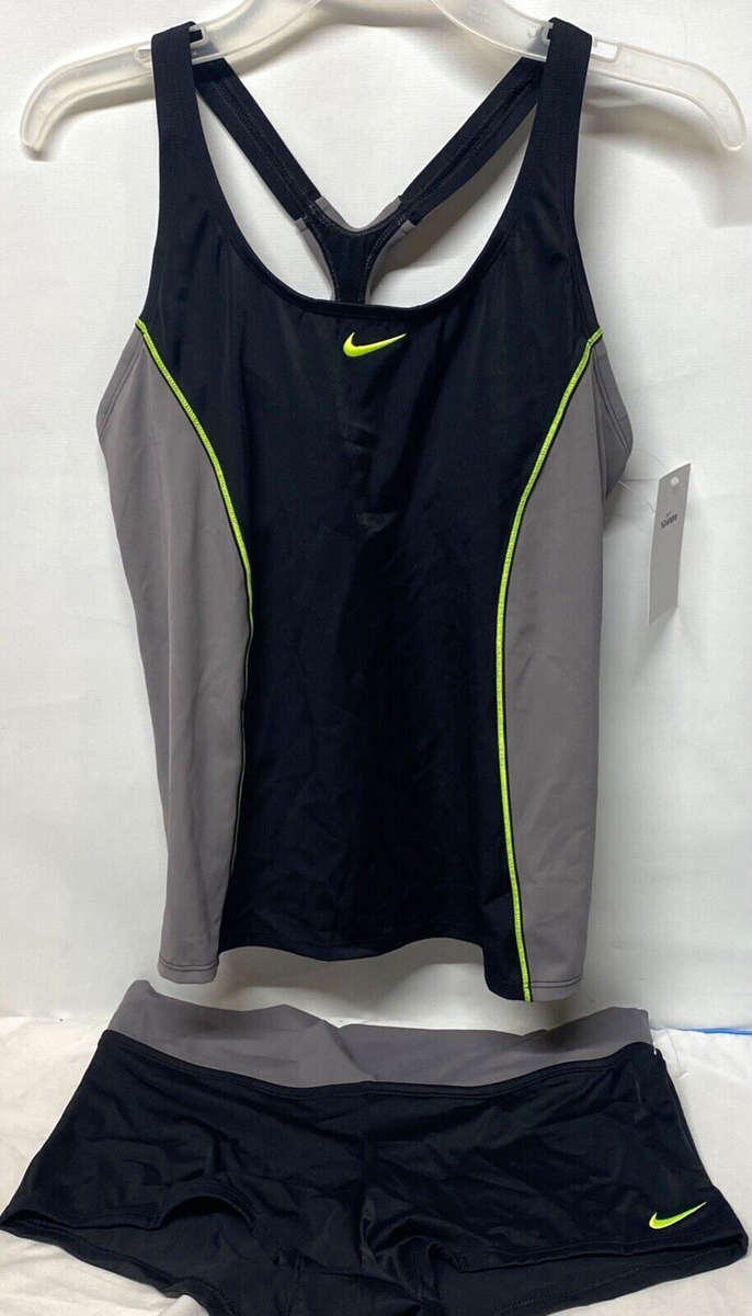 Nike Color Surge 2-Pc Tankini Swimsuit Boy shorts Black Gray Lime