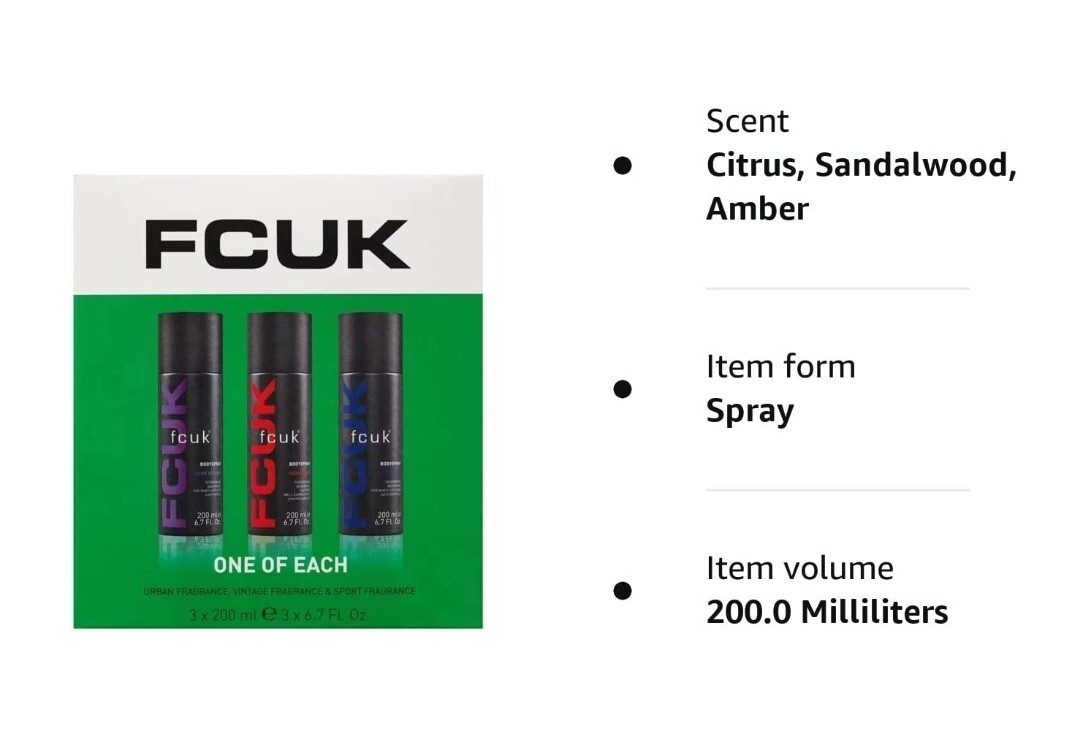 FCUK Body Spray 3Pcs Mens Gift Set Body Spray 200ML Each ( Urban