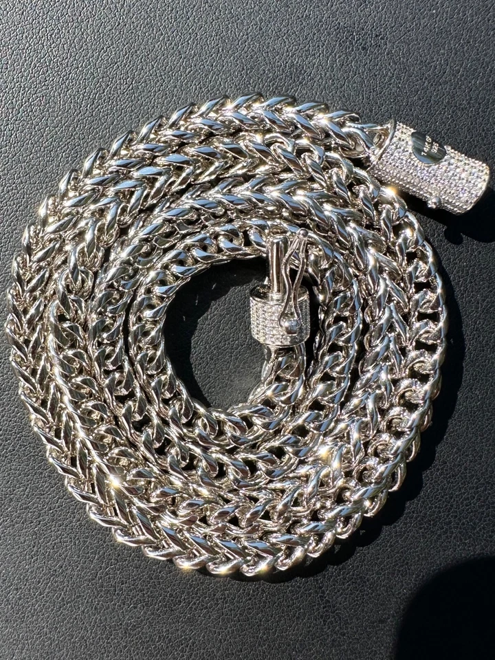 Collar de cadena Franco de acero inoxidable y plata 925 con cierre de MOISSANITA HELADA 4-6 mm Foto 4 de 4