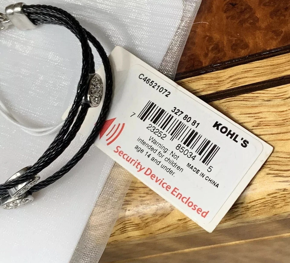 NOS NEW KOHL'S Black Stainless Steel Pave CZ Crystal Stone Triple Cable Bracelet - Image 4 of 4