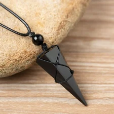 Natural Black Tourmaline Prism Crystal Pendant Healing Man Woman Necklace Gift