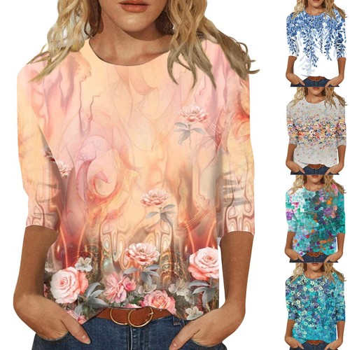 Womens Top 3/4 Sleeve Shirts Round Neck Loose Casual Blouse Floral Print T-shirt