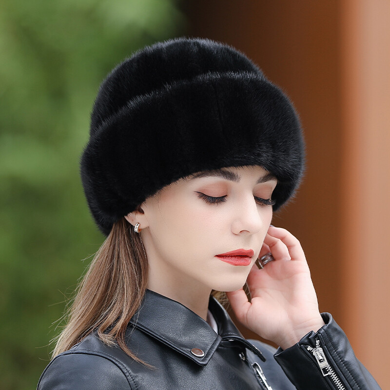 Women's Ladies Real Mink Fur Hat Top Hat Winter Warm Beanie Bowler