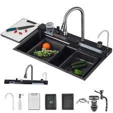 31.5" Black Smart Kitchen Sink Single Bowl Stainless Steel Drop in Workstation