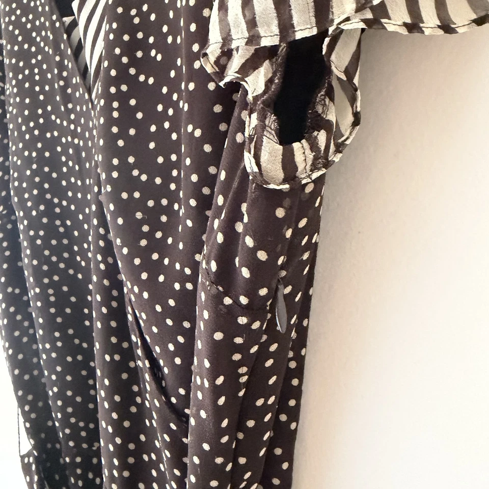 Adrianna Papell Silk Wrap Dress Brown Polka Dot Pleated Sleeves Size 10 - Image 3 of 4