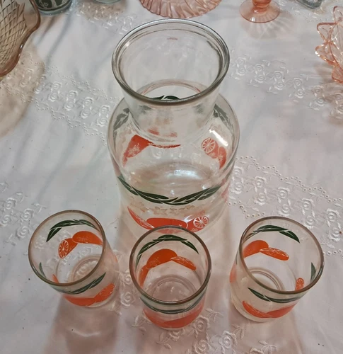 Vintage Anchor Hocking Orange Blossom Juice Carafe Pitcher and 3 glasses Set