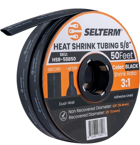 5/8" Black [50 Feet] Marine Grade Heat Shrink Tubing Roll, 3:1 Ratio Dual Wal...