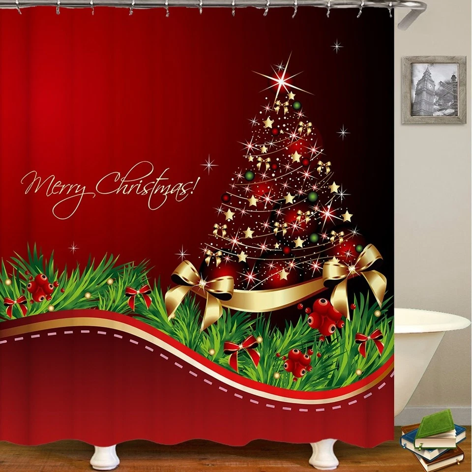 4x Christmas Shower Curtain Set with Bath Mat (Christmas Tree) - Image 2 of 4