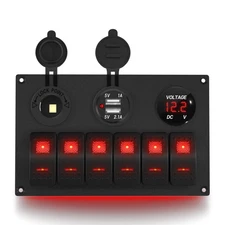 6 Gang Rocker Switch Panel 12V Waterproof with USB & Voltmeter for Boat