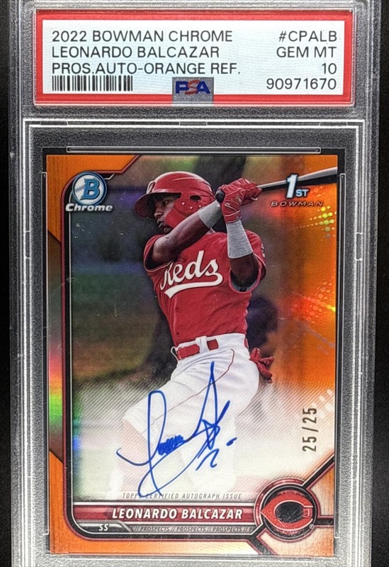 LEONARDO BALCAZAR 2022 BOWMAN CHROME #CPA-LB ORANGE /25 AUTO 1ST PSA 10 GEM