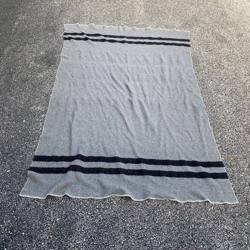 Vintage Gray Wool Camp Blanket Black Stripe Throw Rustic Cabin 80x54