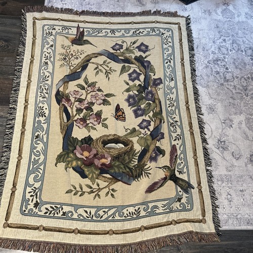 VTG Woven Tapestry 67”x51” Throw Blanket Nesting Hummingbirds Fringed