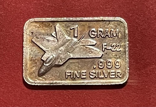 Solid Silver F-22 Ingot! 1 Gram Fine .999 Pure Silver! Nicely Toned!