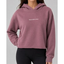 Abercrombie Fitch Hoodie Women XS Mauve Oversized Cropped Logo Raw Hem Top