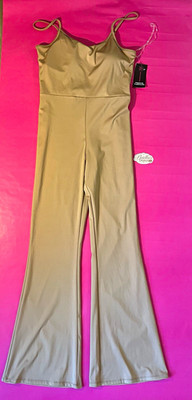 No Boundaries M Beige Solid V-Neck Flared Jumpsuit Stretch Straps