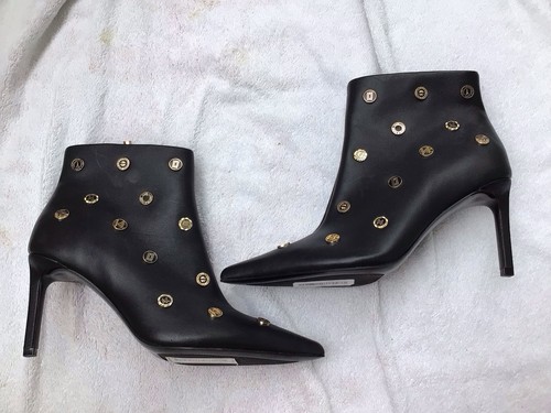 Karl Lagerfeld Paris “Saina” Black Leather Booties With Gold tone Logo Size 7.5M