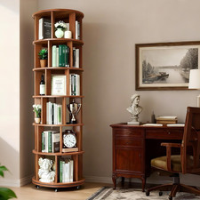 6 Tier Rotating Bookshelf Tower,Solid Wood Rotating Bookshelf Tall,360 Rotating