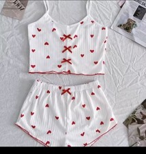 Women's Heart Print Pajama Set - Soft Ribbed Frill Trim Loungewear Top  Shorts