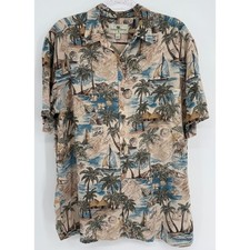 Island Shores Mens Tropical Map Sailboat Rayon Hawaiian Shirt Beige Sz L