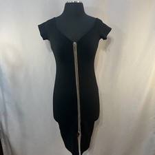 Haute Monde Bodycon Midi Dress Womens Small Black Cap Sleeve Front Zip V-Neck