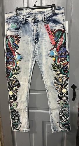 Reason Brand Graficzny nadruk Tatuaż Jeansy Streetwear Punk Skater Fabrycznie nowe z metką