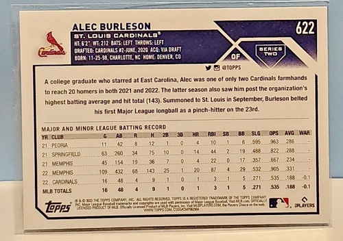 Alec Burleson – 2023 Topps Series Two Base (Rookie) - #622 - Cardinals - 第 2/2 張圖片