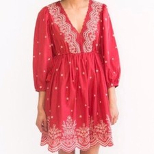 Ulla Johnson Clarice embroidered eyelet lace babydoll dress red white 2 XS