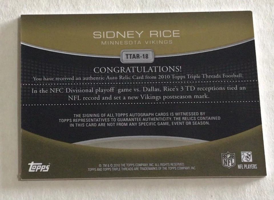 2010 ToppsTriple Threads Sidney Rice Autograph Relic "Vikings Record" #6 of 9 - Image 2 of 2
