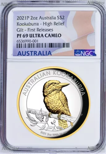 2021 Australia GILT HIGH RELIEF 2oz Silver Kookaburra $2 Coin NGC PF69 FR