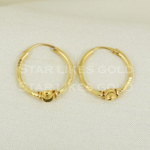 Gold Earrings 18K round dangling Gold hoop Earrings 18K Real Gold Earrings Bali - Picture 4 of 6
