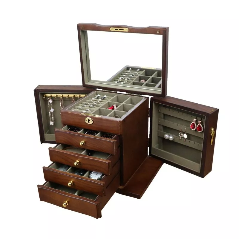 5 Layer Wooden Jewelry Box Multi Function Large Capacity Lock