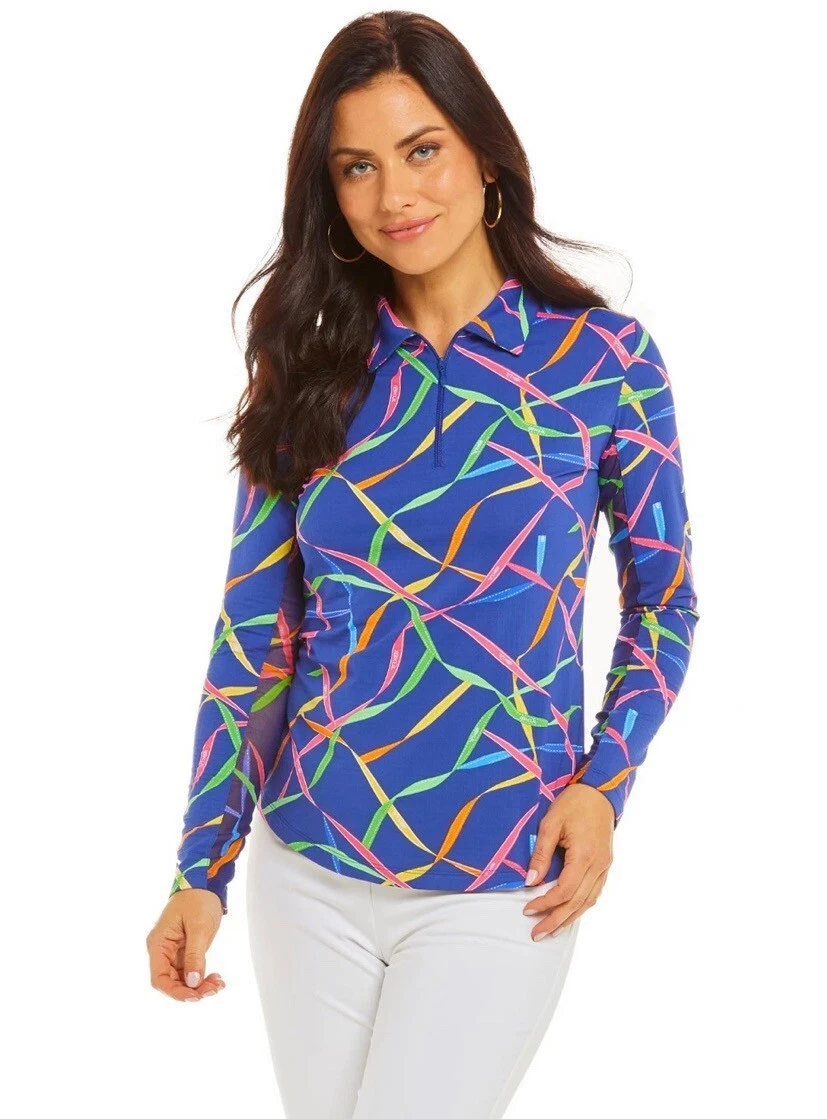 IBKUL Gifted Polo Top Long Sleeve Shirt Zip Navy Multi S M Womens Golf