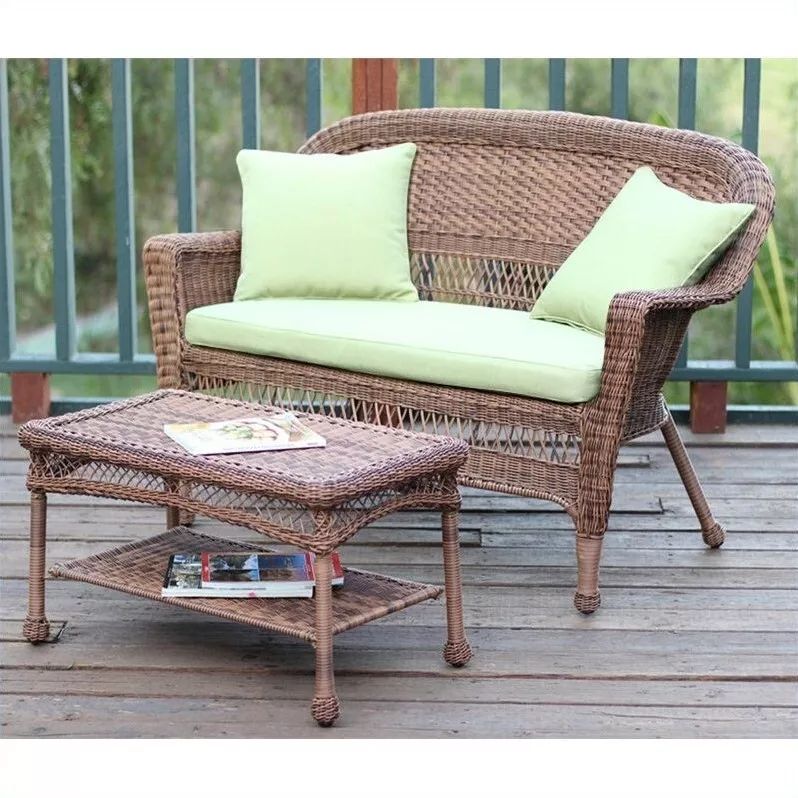 Jeco Wicker Patio Love Seat and Coffee Table Set in Honey with