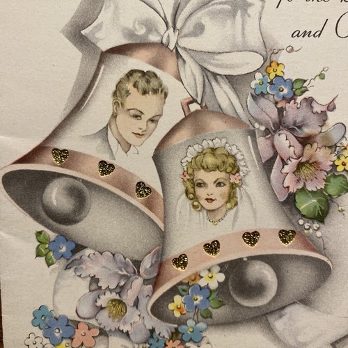 De colección 1940 Boda Matrimonio Felicitaciones Tarjeta Novia y Novio Iglesia Campanas P3D - Imagen 2 de 19