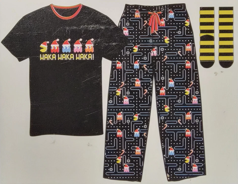 Pac Man Navidad "Waka Waka Waka" Hombre Cómoda 3 Piezas Camisa, Pantalones y Calcetines! Foto 2 de 2