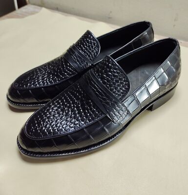 Handgefertigte Herren Original Schwarz Krokodil Druck Leder Halbschuh Mokassin Anzug Schuhe